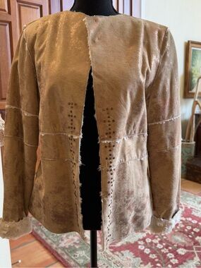 Women's Tan Suede Shearling Open-Front Jacket